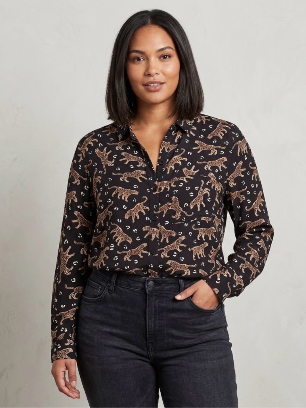 beachlunchlounge M Viscose Collared Button Down Blouse Black Leopard Whimsigoth
